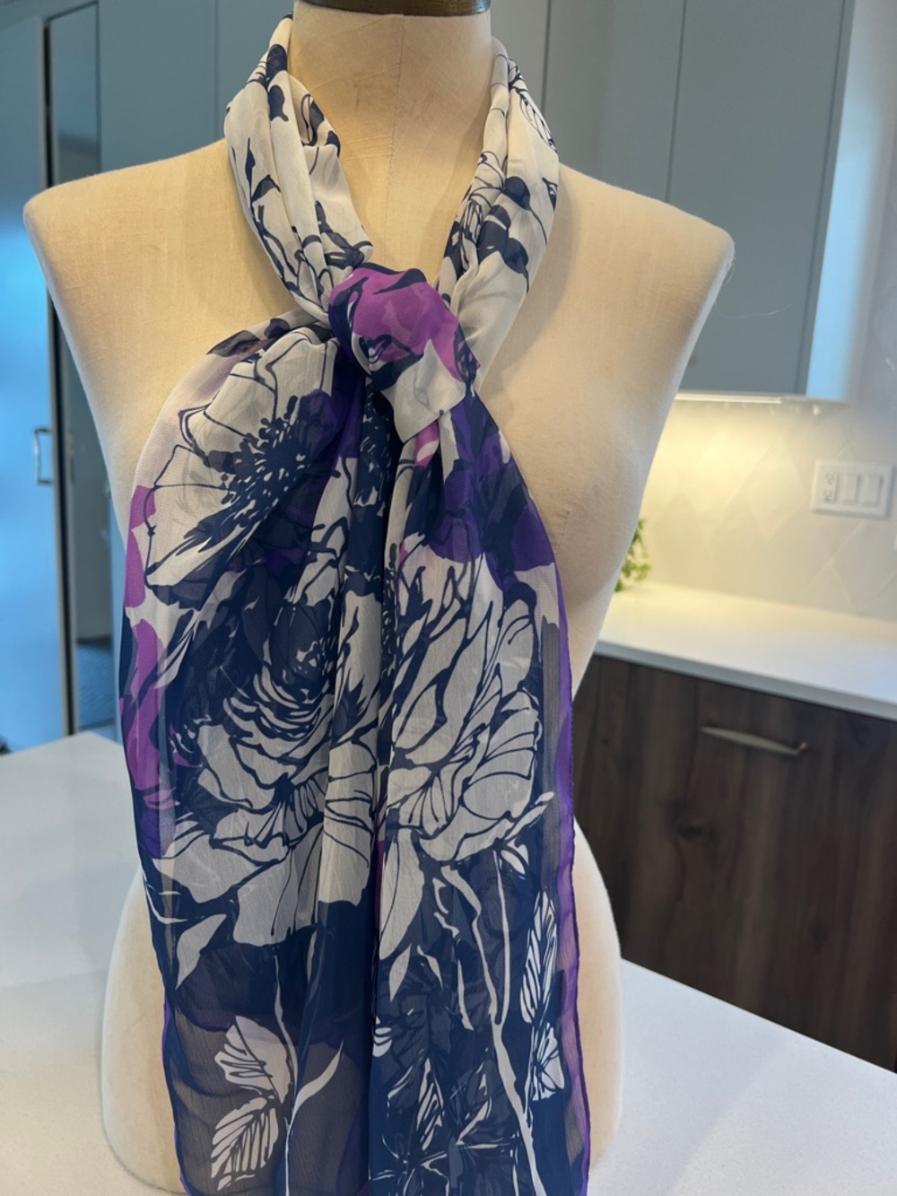 Floral Sheer Scarf in Navy, Purple & White